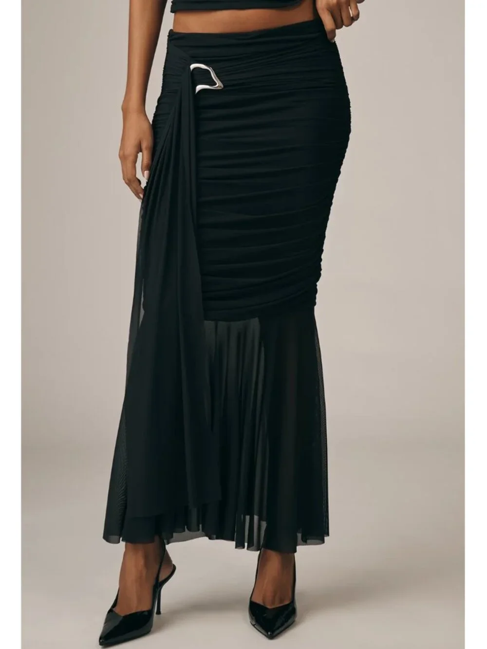 By Anthropologie Ruched Sash Mermaid Maxi Long Peekaboo Skirt Black S